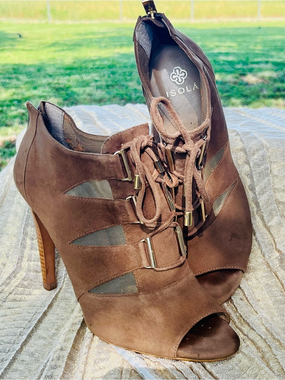 Isola Brown Suede Peep-Toe Lace-Up High Heel Booties